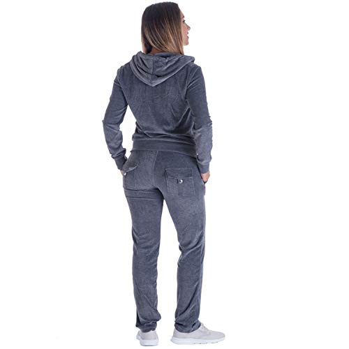 Tanbridge Women's 2 Piece Solid Velvet Tracksuit Set Full Zip-up Hooded Sweatshirts & Pants Set (Dk.Grey,M) - Thumbnail 2