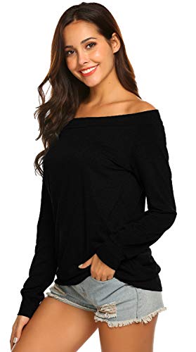 Women\'s Off the Shoulder Tops Long Sleeve Boat Neck Baggy Slouchy Shirts (L,Black)