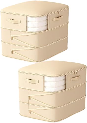 Comforter Clothes Storage Bag, 2 Pack Large Capacity Blanket Store Bags, 3-Layer Ultra Space Saving Compression Organizer, Washable Compression Case for Storing Blanket, Duvet, Pillow (Beige, 130L)