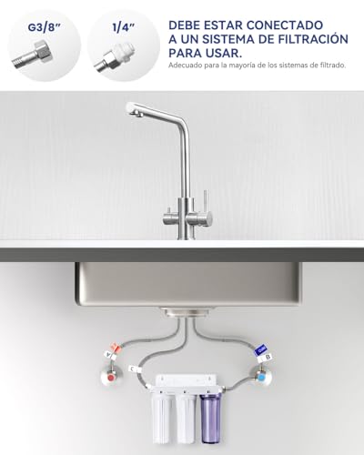 Sofetiy 3-Way Kitchen Tap, Osmosis Tap with 2 Levers, Kitchen Tap with Cold and Hot Water and Filtered Water, Brushed Stainless Steel, 360° Rotatable (No Water Purifier)