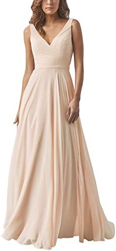 Yilis Double V Neck Elegant Long Bridesmaid Dress Chiffon Wedding Evening Dress