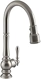 Kohler K-99259-VS Artifacts Single-Hole Kitchen Sink Faucet with 17-5/8-Inch Pull-Down Spout, 3-Function Sprayhead, and Turned Lever Handle, Vibrant Stainless