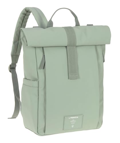 LAESSIG Baby Changing Backpack, Changing Bag, Backpack with Changing Mat, Pram Attachment, Bottle Holder, Sustainably Produced/GRE Rolltop Up Backpack Silver Green