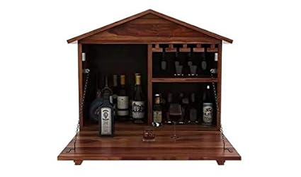Ringabell Solid Sheesham Wood Jaxon Wall Mount Wine Bar Cabinet | Teak Finish