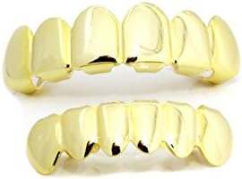 Grillz 24k Gold Plated Top &amp; Smaller Bottom Set Bling Teeth Hip Hop Bling + 1 row Iced Out 30" 6mm Chain Necklace