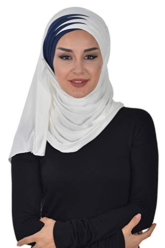 Jersey Shawl for Women Cotton Wrap Modesty Turban Cap Scarf Ivory-Blue