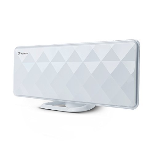 ANTOP Indoor TV Antenna Indoor Flat 50 Miles Antenna with Exclusive Amplifier Booster, 4G Filter for Noise-Free, Multi-Directional Reception, 10 ft Coaxial Cable, Diamond-Cut Surface, White(AT-201B)