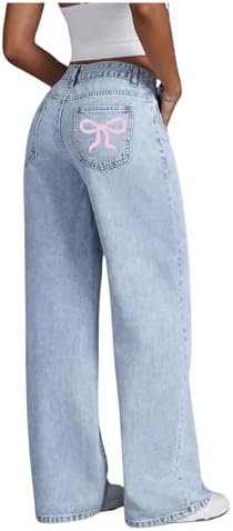 NIFTRIRY Blue Wide Leg Jeans with Pink Ribbon Bows - High Waisted