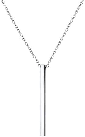 VogueWe 925 Sterling Silver Fashion Vertical Bar Necklace for Women, Simple 3D Bar Pendant Necklace in Sterling Silver, 18'' Rolo Chain
