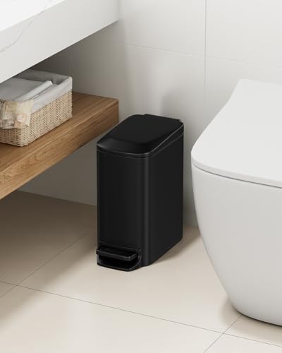 TIPGO Slim Bathroom Trash Can with Lid Soft Close, Step Pedal, 6 Liter / 1.6 Gallon Stainless Steel Garbage Can with Removable Inner Bucket, Anti-Fingerprint Finish (Matte Black)