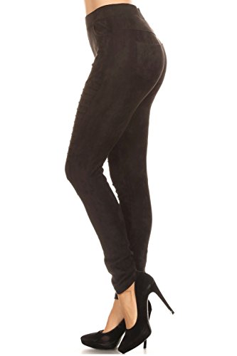 ICONOFLASH Women's Faux Vegan Suede Skinny Moto Pants (Black, Small)