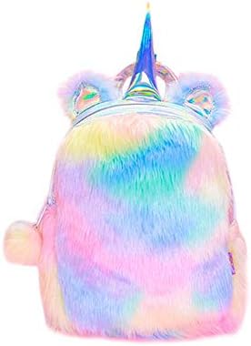 Mini Unicorn Backpack Bags For Women 2019 Winter Faux Fur Small Bagpacks Hologram Leather Teenager Schoolbag (Yellow)