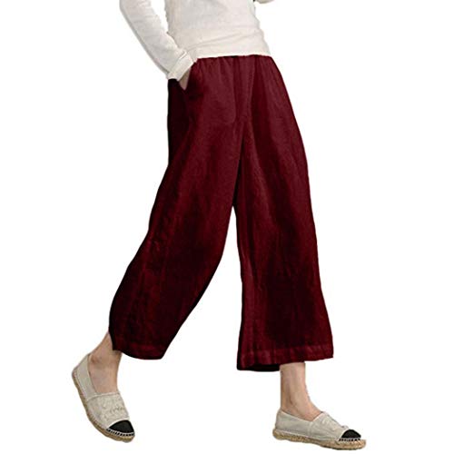 vermers Womens Casual Loose Plus Size Wide Leg Pants - Women Leisure Elastic Waist Cropped Pants Trousers(2XL, Red)