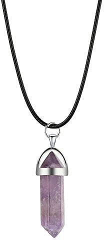 Nature Stone Necklace, Shybuy Women &Men Fashion Hexagonal Chakra Pendant Bullet Crystal Pendant Gemstone Pointed Quartz Stone Pendants Necklace (F)