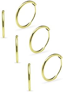 Sterling Silver Endless Hoop Earrings Thin Round Three Pair Set in Size 10mm for Cartilage, Nose and Lips (Yellow Gold Flash Sterling Silver)