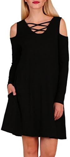 Aierbulu Women's Tshirt Dresses Off Shoulder Long Sleeve Cross Neck Casual Dress