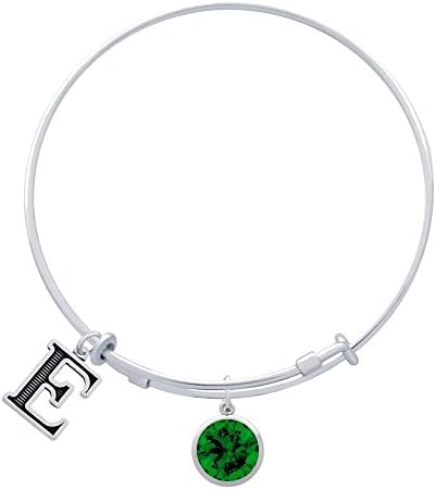 Jenaforte .925 Sterling Silver Expandable Charm Bangle Birthstone &amp; Initial Charms E-MAY