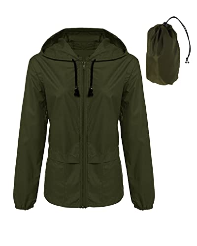 MAROWAY RAIN JACKETS WOMEN LIGHTWEIGHT WATERPROOF RAINCOATS PACKABLE OUTDOOR ACTIVE HOODED WINDBREAKER COAT ARMY GREEN