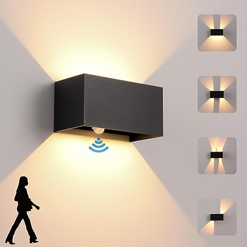 LED Wall Light Indoor/Outdoor with Motion Sensor, 24 W Wall Lamp, IP 65 Waterproof Outdoor Wall Light, 3000 K Warm White Wall Lighting, Modern Outdoor Light with Up Down Adjustable Beam Angle, Black