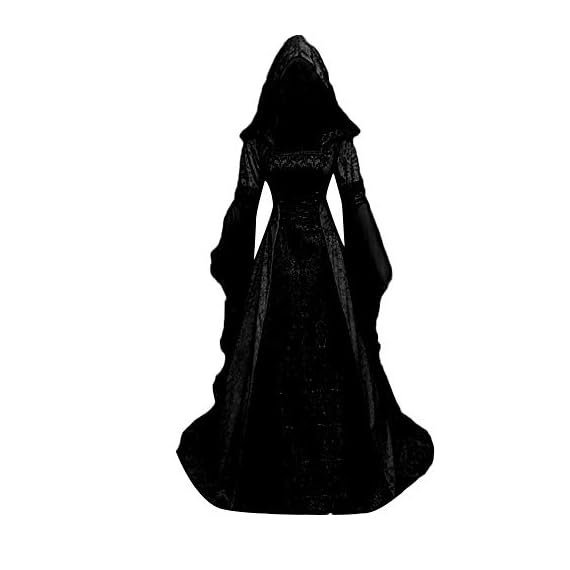 Fiaya-Womens-Vintage-Hooded-Trumpet-Sleeve-Lace-Up-Medieval-Cosplay-Dress-Floor-Length-Gothic-Dress-Gown-XL-Black