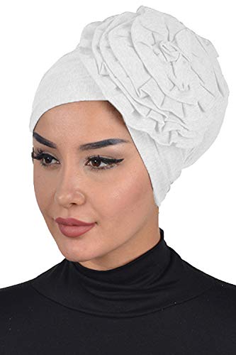Instant Turban Cotton Scarf Head Wrap Cancer Chemo Headwear Rose Detail Ivory
