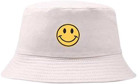 Floralby Smiley Face Embroidered Bucket Hat Men Women Foldable Sun Hat Outdoor Cap UV Protection