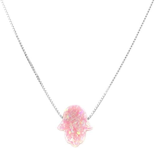 JewelryYoga Hamsa Hand Opal Necklace, Protective Lucky Fatima Amulet Choker with Purifying Hamesh Charm - 18 Inch 925 Sterling Silver Chain - Link Necklace - Pink
