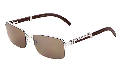 LuxeExecutive Slim Half Rim Rectangular Metal & Wood Aviator Sunglasses