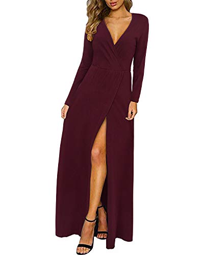 II ININ Women's Long Sleeve V-Neck Maxi Split Dress(Wine-1,M)