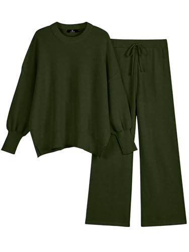 LILLUSORY Women 2 Piece Outfits Sweatsuit Oversized Knit Pullover Sweater Tops Wide Leg Pants Lounge Set