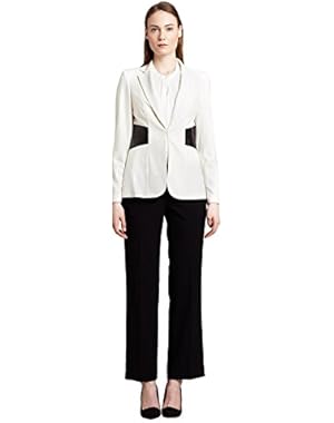 Calvin Klein Notch Collar Mixed Media Pant Suit, Cream/Black