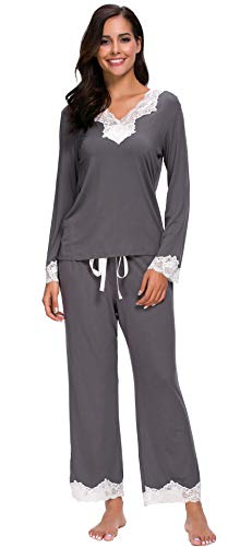 Jusfitsu Womens Cotton Pajamas Set Long Sleeve Top Shirt with Pants Sleepwear Modal Soft Loungewear Lace Grey M - Thumbnail 5