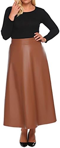 Womens Plus Size High Waist Flared A Line Swing Maxi Leather Skirt for Party Casual