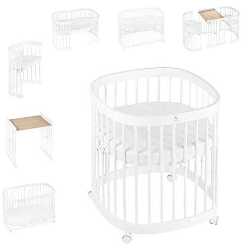 tweeto® lettino 7-in-1 (plus) SET ALL-IN-ONE│CULLA espandibile fino a 10 funzioni con materasso traspirante │ Letto in legno di faggio per neonati e bambini (Bianco)