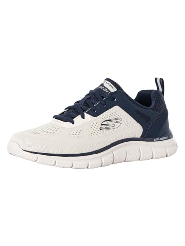 Seguimiento Más Amplio, Zapatillas de Deporte Hombre, Malla de Poliuretano de Ingeniería Blanca Rota con Ribete Azul Marino, 42 EU