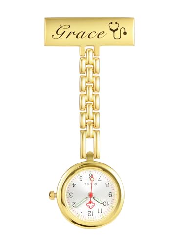 Top Plaza Custom Name Nurse Watch for Women Pin-on Metal Easy to Read Watches with Second Hand