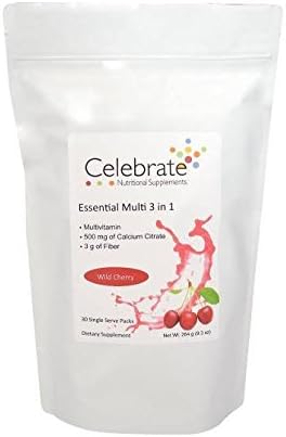 Celebrate ENS Essential Multi 3 in 1 Drink Mix Multivitamin Calcium and Fiber - Available in 3 Flavors 30 Stick Pack/Wild Cherry