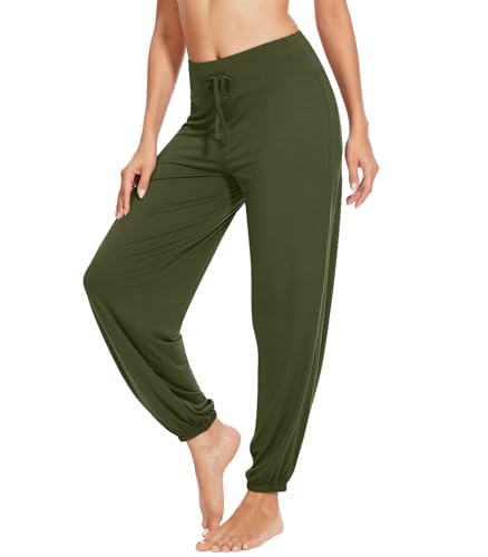 WiWi Women's Yoga Pants Stretchy Joggers Pant with Drawstring Comfy Lounge Viscose from Bamboo Sleep Pants Pj Bottoms Soft Breathable Cooling S-XXL, Army Green, Large at Amazon
