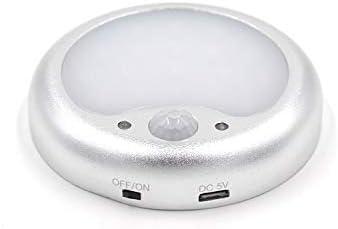 Wireless USB Rechargeable Battery Powered Under (Cabinet/Closet/Wardrobe) LED Lights with Motion Sensor Round Magnetic (Silver White)