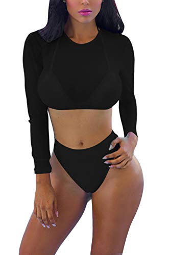 Kisscynest Women's Triangle High Cut Bikini Sets Swimsuit with Long Sleeve Mesh Shirt Coverup Black S