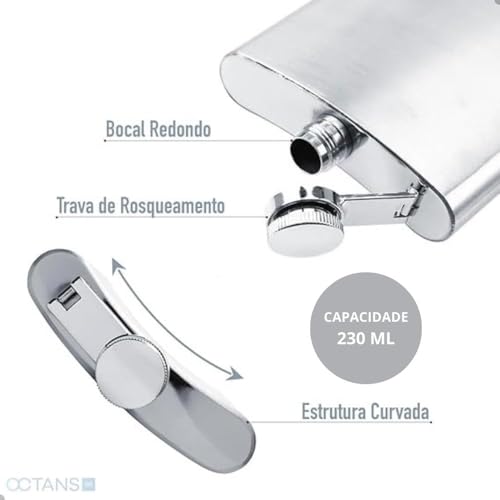 Cantil De Bolso Inox 230 ml Porta Bebidas Whisky Vodka com Trava Antivazamento 8 Onças