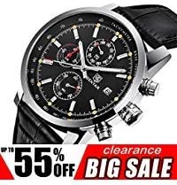 YaoWen Men's Fashion Business Chronograph Analog Quartz Watch with Leather Band Classic Wrist Watches Waterproof Wristwatches for Men Black Dial