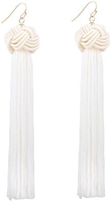 DDH Knotted Dangle Tassel Earrings Long Thread Tassel White Beaded Eardrop For Women Girls
