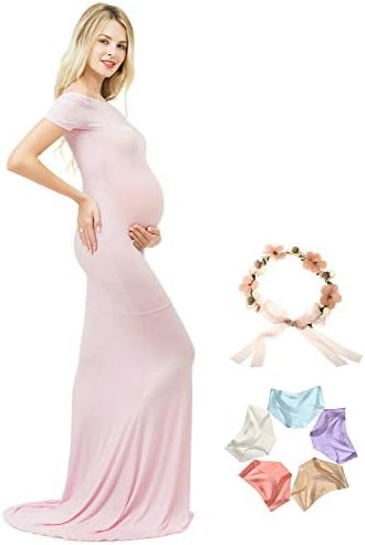 Photoshoot Maternity Dress Off Shoulder Photography Gown Maxi Short Sleeve (Pink, S)