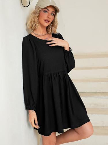 WOMENS BABYDOLL DRESS PUFF SLEEVE FLOWY SUMMER MINI DRESSES BLACK S