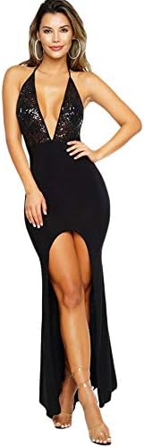 shelovesclothing Women's Sexy Black Halterneck V Neck Plunge Slit Party Maxi Dress