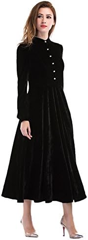 A-line Dresses for Women Wedding Evening Party Midi 50s Work Cocktail Formal Guest Crushed Velvet Swing Vintage Black Long Sleeves Dress (S, Black)