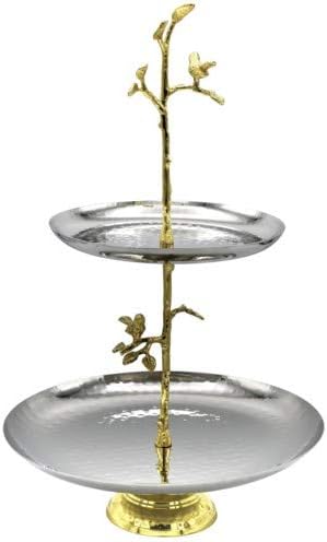 Elegant 2-Tiered Hammered Stainless Serving Stand with Brass Birds & Branches