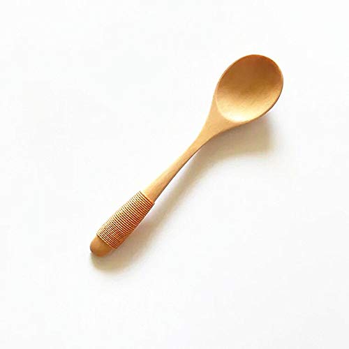 sansheng 4Pcs Mini Wooden Spoons, Wood Soup Spoons for Eating Mixing Stirring Cooking, Handle Spoon with Japanese Style Kitchen Utensil, with Tied Line on Handle(13.5cm)