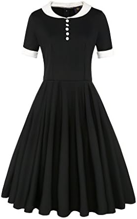 Elf Queen Women's Vintage Classical Short Sleeve Swing Rockabilly Picnic Tea Dress US Size M Black